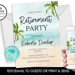 Editable Ocean Retirement Invitation Beach Invite Digital 5x7 Watercolor Lunch Party Instant Download Template