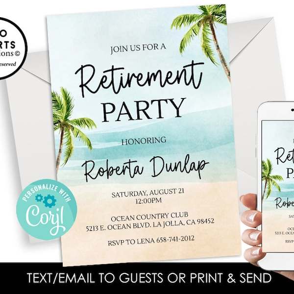 Editable Ocean Retirement Invitation Beach Invite Digital 5x7 Watercolor Lunch Party Instant Download Template
