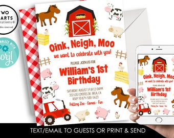 以下が含まれることがあります： 赤い納屋、農場の動物、そして「Oink, Neigh, Moo we want to celebrate with you!」「Please join us for William's 1st Birthday」「Saturday, August 19 @ 12:00PM 332 Los Coyotes Dr. Brea, CA RSVP to 874-588-5623 Petting Zoo - Games - Fun」というテキストが書かれた、白と赤の農場をテーマにした誕生日招待状です。