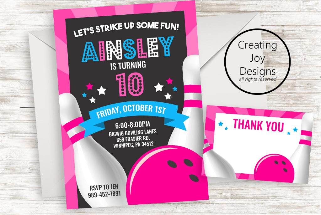 Bowling Birthday Invitation Girl Invite 5x7 Party Pink Blue Digital Personalized