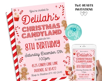 Editable Christmas Candyland Birthday Invitation Invite Digital 5x7 Template Holiday Instant Download Pink Red Party