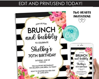 Puede incluir: Invitación a rayas blancas y negras con detalles de purpurina dorada y diseño floral rosa. La invitación dice "Únete a nosotros para un brunch y burbujas para celebrar el 70 cumpleaños de Shelby". El evento será el sábado 28 de junio a las 11:00 AM en The Gulfport Restaurant, 510 Milliken Lane Brea, CA 92607. RSVP a Heather 526-854-1541 antes del 20 de junio.