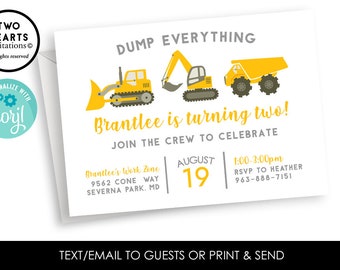 Editable Construction Invitation Inviter TOUT ÂGE Anniversaire Camion à benne basculante numérique 7x5 Enfants Digger Party Worker Builder Tools