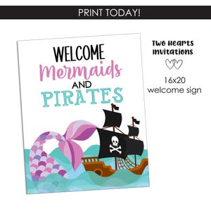 May include: Welcome mermaids and pirates sign with a purple mermaid tail and a black pirate ship with a skull and crossbones. The sign is 16x20 inches.