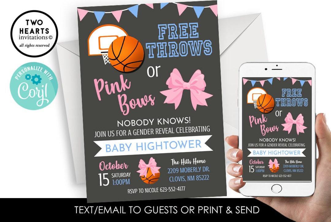 Editable Free Throws Pink Bows Gender Reveal Invitation Invite Digital 5x7  Chalkboard Party Basketball Pink Blue 