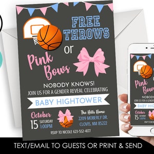 Free Throws Pink Bows Gender Reveal Invitation Invite EDITABLE Digital 5x7 Chalkboard Party Basketball Pink Blue