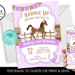 Editable Horse Birthday Purple Invite Invitation 5x7 Digital Cowgirl Girls Kids Country Western Party Instant Download