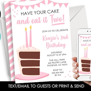Editable Have your Cake and Eat it TWO Invitation Invite Digital Kids Birthday 2nd Second Party 5x7