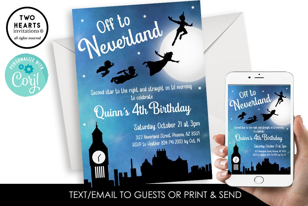 Editable Peter Pan Invitation Neverland Invite Birthday Digital 5x7 Kids Party Second Star to the Right