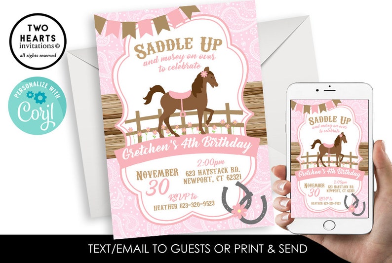 Editable Horse Birthday Cowgirl Invite Invitation Pink Farm Floral Kids Girls 5x7 Digital Personalized Paisley Wood image 1