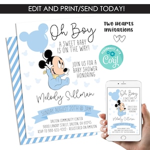 Editable Mickey Mouse Baby Shower Invitation Invite Digital Blue Disneyland Digital 5x7 Instant Download