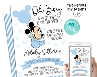 Editable Mickey Mouse Baby Shower Invitation Invite Digital Blue Disneyland Digital 5x7 Instant Download