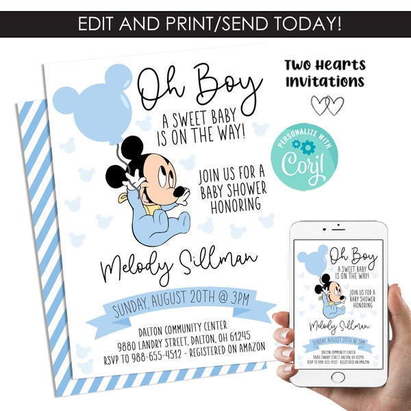 Editable Mickey Mouse Baby Shower Invitation Invite Digital Blue Disneyland Digital 5x7 Instant Download