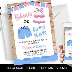Editable Bikini or Boardshort Gender Reveal Invite Invitation Digital 5x7 Pink Blue Swimsuits Bikinis Boardshorts
