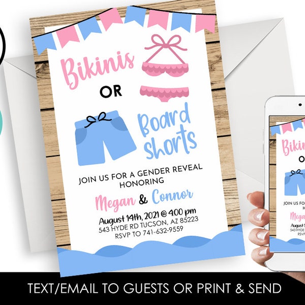 Bearbeitbare Bikini oder Boardshort Gender Reveal Einladung Einladung Digital 13x18 Pink Blau Badeanzüge Bikinis Boardshorts