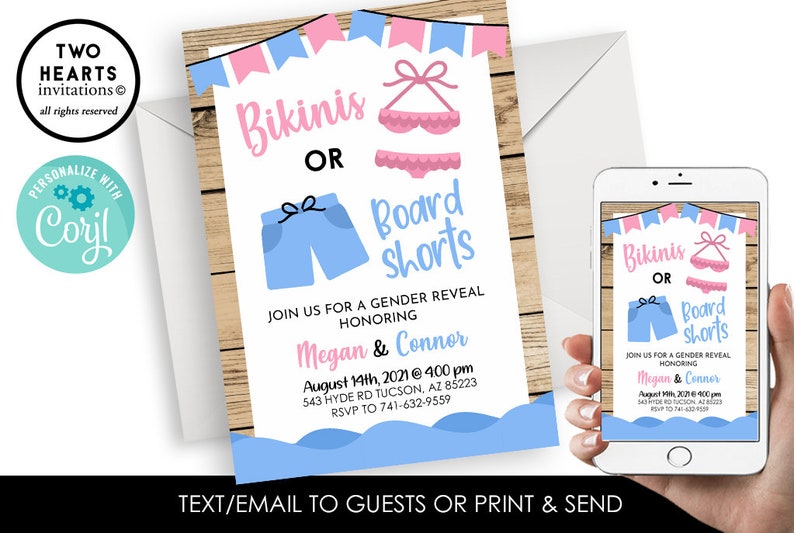 Editable Bikini or Boardshort Gender Reveal Invite Invitation Digital 5x7 Pink Blue Swimsuits Bikinis Boardshorts image 1