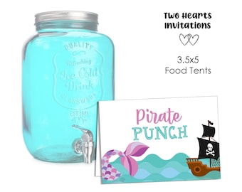 Carpa de comida editable con diseño de sirenas y piratas para fiestas de cumpleaños, decoración digital de 3,5 x 5, descarga instantánea e imprimible
