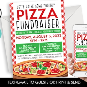 May include: A red and white checkered background with a green and white text box. The text box says "Let's raise some "dough" Pizza Fundraiser" to benefit the Ark Elementary Youth Music Program. The event is on Monday, August 5, 2022 from 5pm to 7pm. Tickets are $10 per person and include pizza, side salad, and a drink. The location is Ark Elementary, 522 Rancho Dr., Phoenix, AZ. Take out is available and additional donations are appreciated. All proceeds will benefit the AE Youth Music Program.