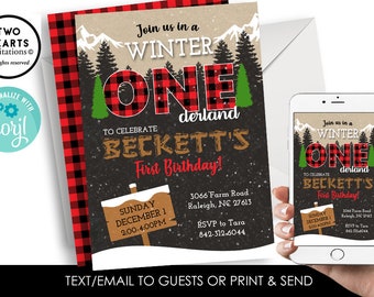May include: A red and black plaid birthday invitation for a winter-themed first birthday party. The invitation features a large "ONE" with a winter wonderland scene and the text "Join us in a Winter One-derland to celebrate Beckett's First Birthday!"  The invitation includes the date, time, address, and RSVP information.
