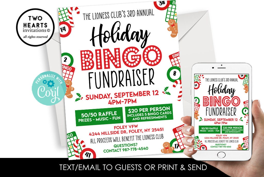 Editable Holiday Bingo Night Fundraiser Flyer Template Digital 8.5x11 Christmas Event Game Invite Invitation Instant Download
