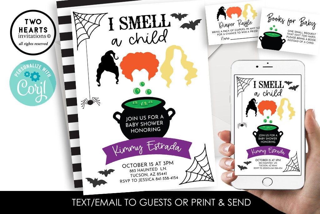 Editable Hocus Pocus Baby Shower Invitation Bundle Invite set Digital 5x7 Halloween Spooky Sanderson Sisters