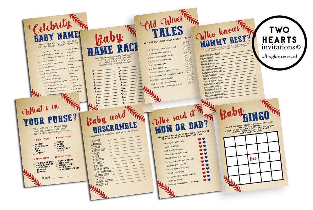 Baseball Baby Shower Games Printable Digital 5x7 Vintage Set Bundle ...