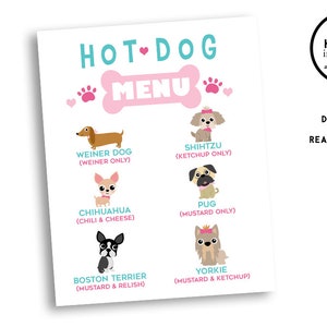 Puppy Birthday Party Hot Dog Menu 8x10 Printable Instant Download Doggy Food Sign Girls
