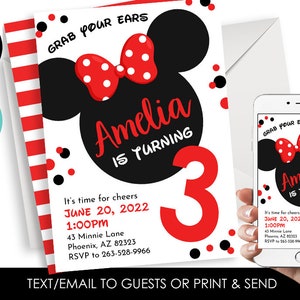 Editable Minnie Mouse Inspired Birthday Invitation Invite Red Black Polka Dots 5x7 Digital Bow Kids Girls ANY AGE
