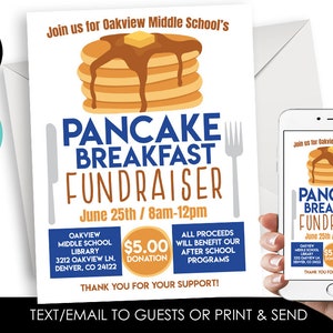Editable Pancake Breakfast Fundraiser Template Flyer Invitation Announcement 8.5x11 Digital School Church Work Event