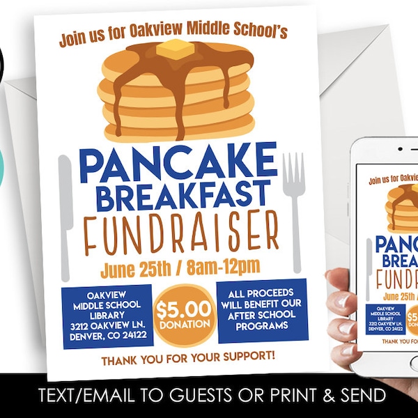 Editable Pancake Breakfast Fundraiser Template Flyer Invitation Announcement 8.5x11 Digital School Church Work Event