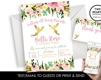 Fairy Invitation Invite Birthday Fairies Friends Girls Gold ANY AGE Pink Watercolor Flowers Floral