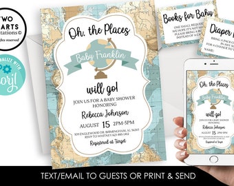Peut inclure: Une invitation à une fête prénatale avec un fond de carte du monde bleu et marron. L'invitation présente un globe terrestre avec le texte "Oh, the Places Baby Franklin will go!" et la date "August 15, 2PM-5PM".