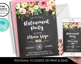 Editable Retirement Party Invitation Invite Chalkboard Floral Watercolor Digital Flowers 5x7 Personalized