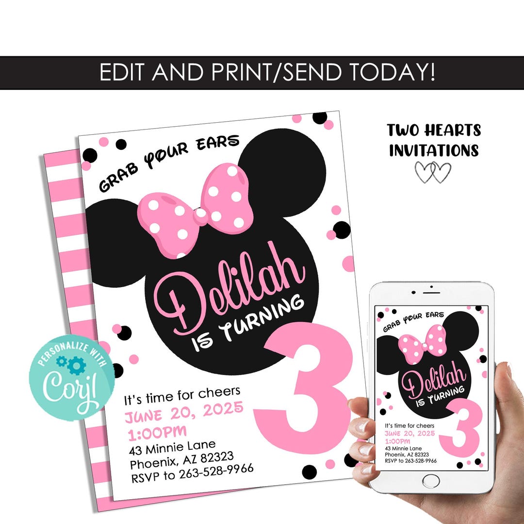 Editable Minnie Mouse 3rd Birthday Pink Invitation Invite Digital ...