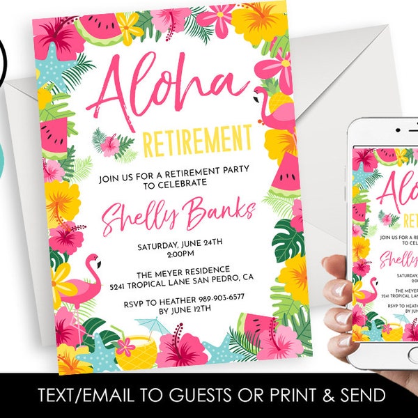 Editable Aloha Retirement Invitation Invite Party Luau Digital 5x7 Hawaiian Themed Woman Retired Flamingo Beach