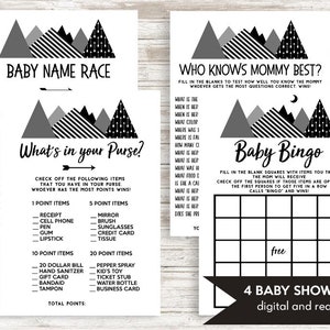 Adventure Baby Shower Games Bundle Digital 5x7 Instant Download Black White Aztec Arrows