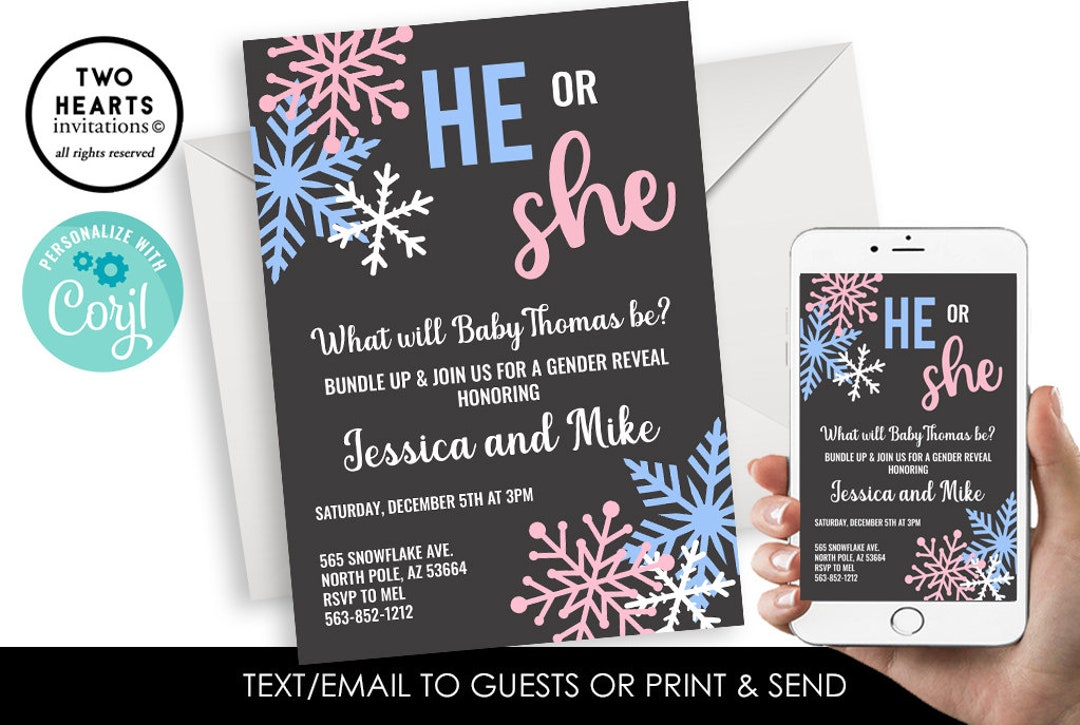 Editable Winter Gender Reveal Invitation Christmas Invite Etsy