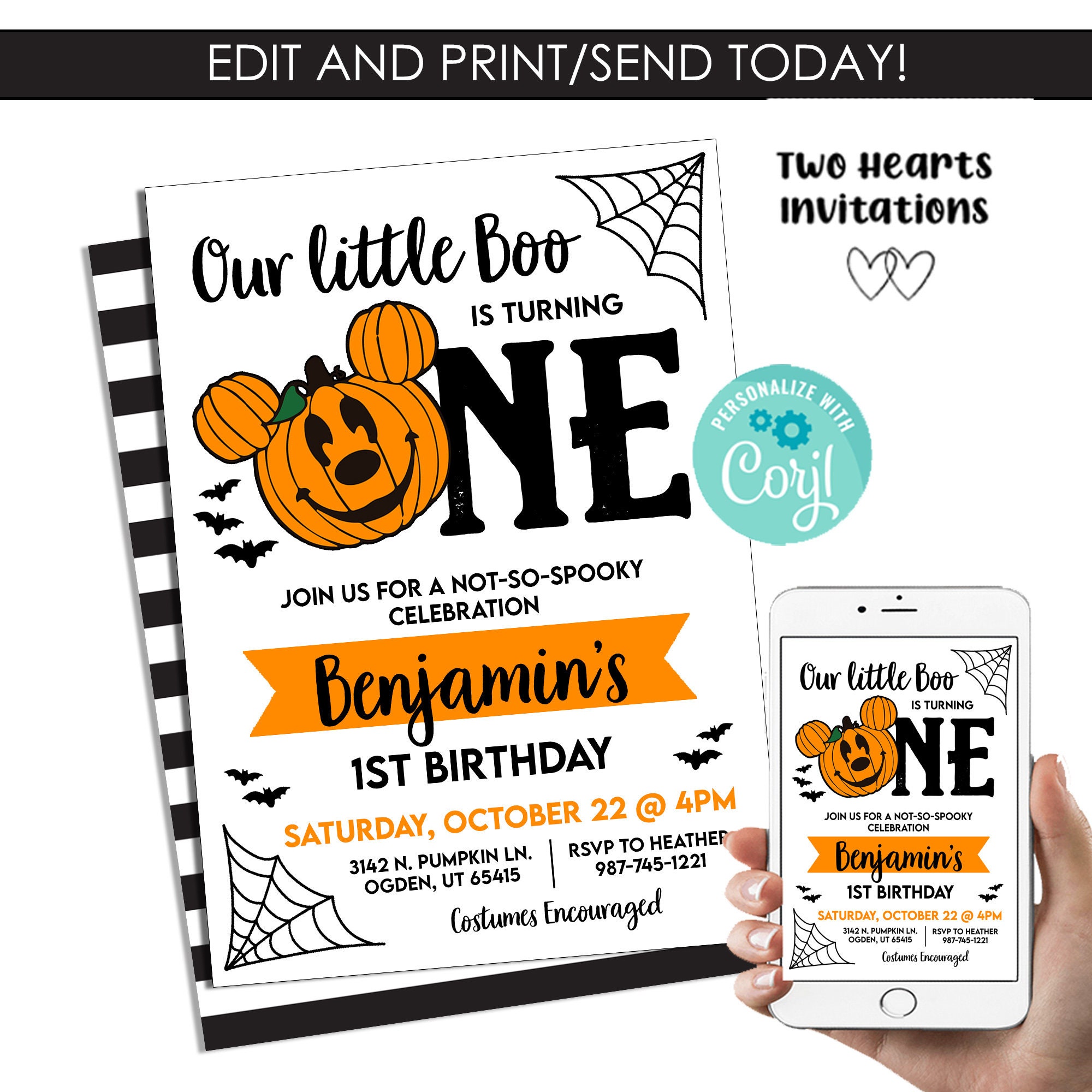 Editable Halloween Mickey 1st Birthday Invitation Invite Digital 5x7 Template Mouse Instant Download