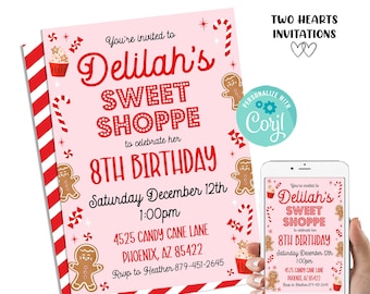 Editable Holiday Sweet Shoppe Birthday Invitation Invite Digital 5x7 Template Instant Download Christmas Red Pink Party