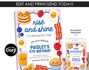 Breakfast Birthday Invitation Digital Editable Template Invite 5x7 Pink Instant Download Party