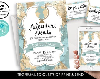 Pode incluir: Um convite de chá de bebê azul e branco com um fundo de mapa do mundo e o texto "A aventura te espera". O convite é para Kaitlin Thomas e inclui a data, a hora e o local do chá de bebê. Também inclui o texto "Registrado na Target".