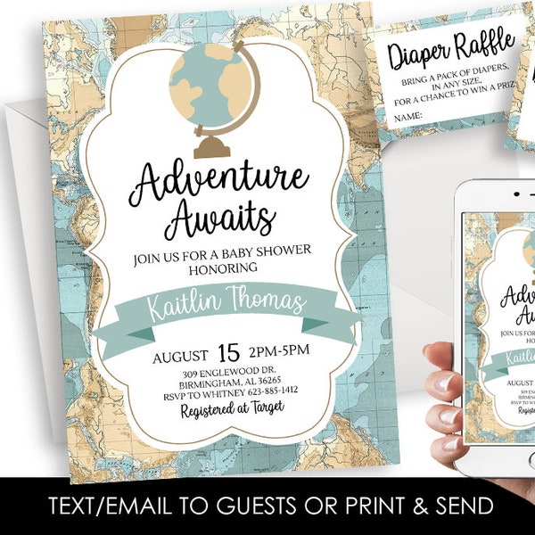 Editable Adventure Awaits Baby Shower Invite Invitation World Map 5x7 Traveler Travel Greatest Sprinkle Bundle Set