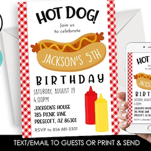 Editable Hot Dog Birthday Invitation Invite Party Kids Digital 5x7 Picnic BBQ Backyard ANY AGE