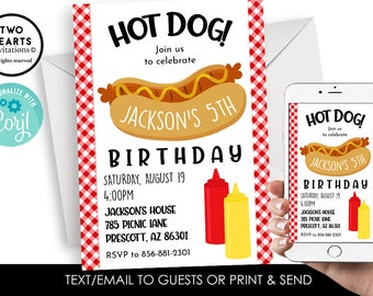 Editable Hot Dog Birthday Invitation Invite Party Kids Digital 5x7 Picnic BBQ Backyard ANY AGE