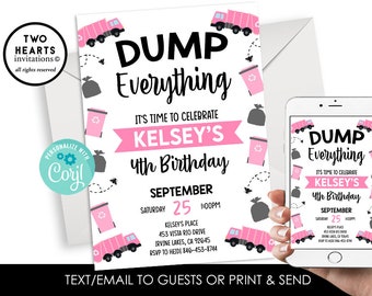 Editable Girl Garbage Truck Invite Birthday Invitation Pink Stripes Kids Dump Everything 5x7 Digital Instant Download Template