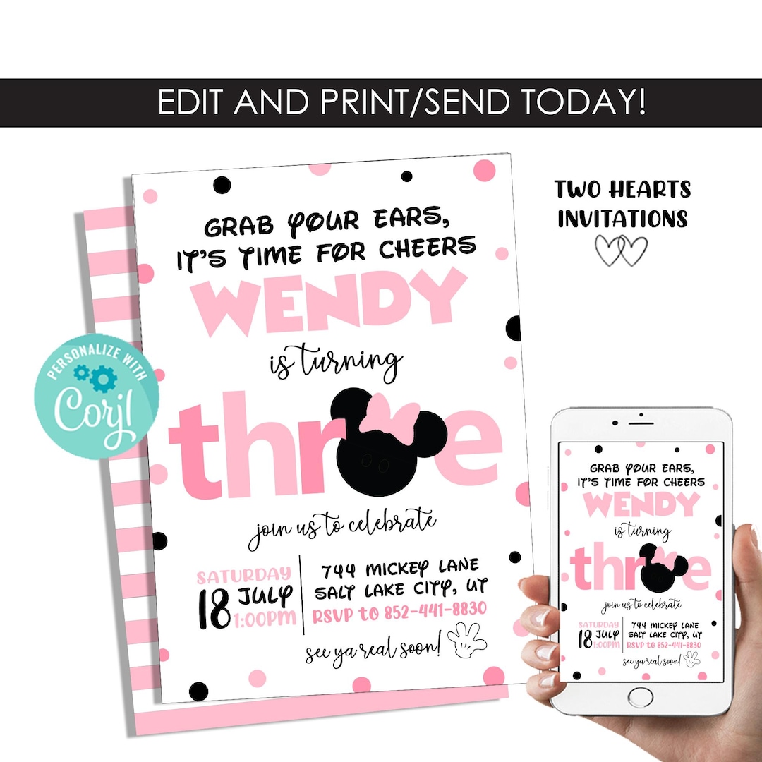 Editable Minnie Mouse 3rd Birthday Invitation Invite Third Pink Digital ...