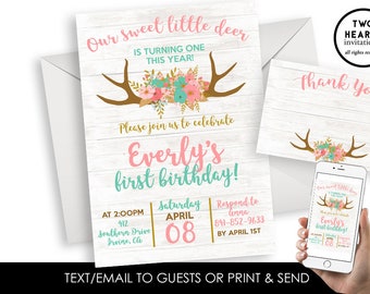 Deer First Birthday Invitation Invite Digital 1st Girls 5x7 Antlers Kids ANY AGE Wood Pink Turquoise Rustic