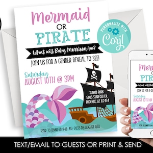 Editable Mermaid or Pirate Gender Reveal Invitation Digital 5x7 Instant Download Template Party Mermaids or Pirates