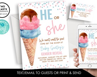 Bearbeitbares Eis Geschlecht offenbaren Einladung Einladen Digital 5 x 7 Aquarell Er oder Sie Party Konfetti Kegel Schaufel Corjl