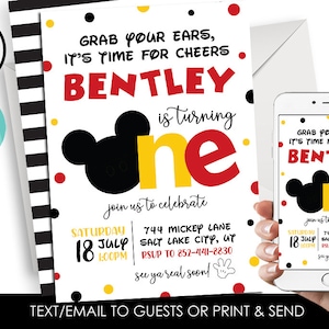 Editable Mickey Mouse Inspired Invite Invitation Digital 5x7 1st First Birthday Clubhouse Inspired Themed Birthday Party ONE